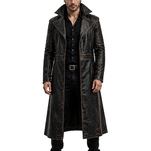 Mens Vintage Black Distressed Leather Trench Coat - Gothic Long Motorcycle Real Leather Duster Jacket