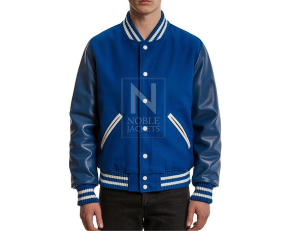 SJI Men's Black Varsity Bomber Jacket With Genuine Leather Sleeves - Wool Body, Band Collar, S-5XL