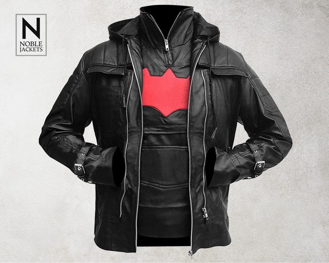 Black Jacket Cosplay Red Hood Jacket Arkham Knight Genuine Sheepskin  Leather Jason Todd Arkham Knight Batman Hooded Jacket Vest