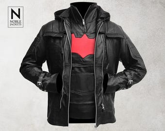 Handgefertigte Red Hood Arkham Knight Schwarze Lederjacke und Weste für Herren