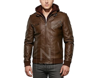 Men’s Brown Leather Bomber Jacket with Removable Hood | Stylish Moto Biker Jacket | Casual Winter Outerwear for Men