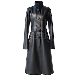 Women&#39;s Black Leather Long Coat - Leather Trench Style Overcoat