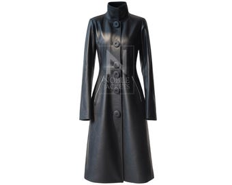 Women's Black Leather Long Coat - Leather Trench Style Overcoat