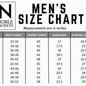 Puede incluir: Tabla de tallas en blanco y negro para Noble Jackets, con medidas en pulgadas. La tabla incluye tallas de 2XS a 5XL, detallando pecho, pecho de chaqueta, hombro y largo de manga.