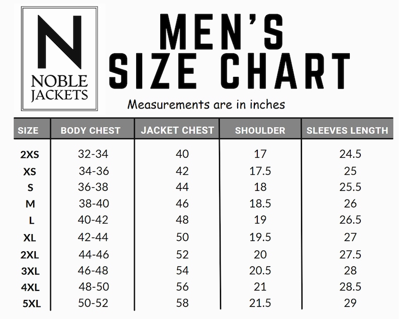 Puede incluir: Tabla de tallas en blanco y negro para Noble Jackets, con medidas en pulgadas. La tabla incluye tallas de 2XS a 5XL, detallando pecho, pecho de chaqueta, hombro y largo de manga.