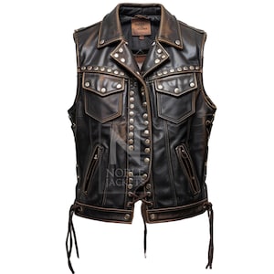 Chaleco motero de cuero auténtico con tachuelas para hombre: estilo rockero vintage con cremalleras y broches.