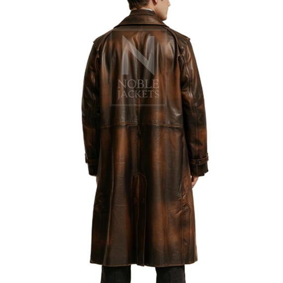 Cuero Abrigo Largo Impermeable Hombre Gabardina De Cuero Marrón