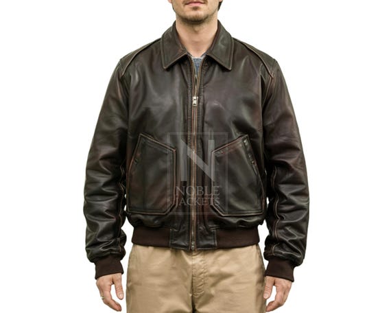 Blouson Bomber En Cuir Bleu Militaire Pour Homme - Taille XL - Style Régulier