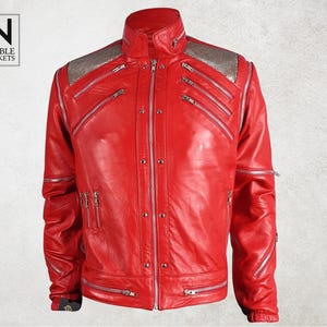 Blouson en cuir rouge Beat It Michael Jackson - Veste MJ emblématique Rockstar à manches amovibles pour homme