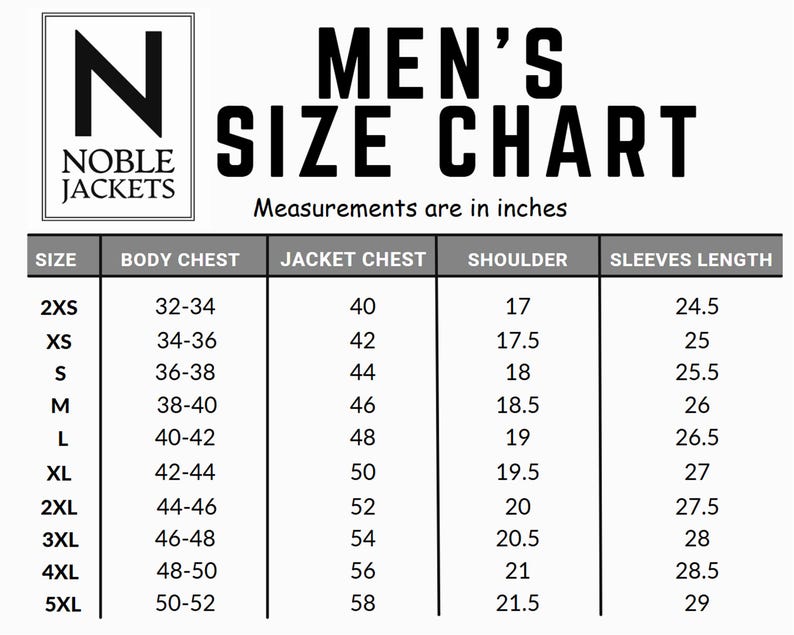 May include: A black and white size chart for Noble Jackets, with measurements in inches. The chart includes sizes from 2XS to 5XL, detailing body chest, jacket chest, shoulder, and sleeve length measurements.