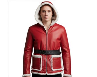 Santa Claus Leather Jacket Costume | Men’s Red Christmas Hooded Shearling Jacket | Santa Outfit with Belt & Faux Fur Trim