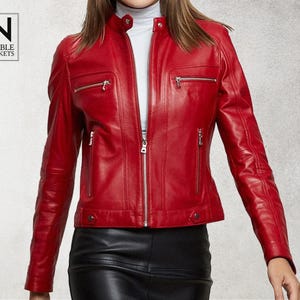 Women&#39;s Handmade Red Leather Biker Jacket - Stylish Moto Jacket for Women