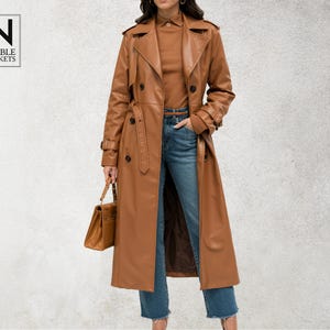 Handmade Brown Leather Trench Coat for Women | Double Breasted Belted Long Coat