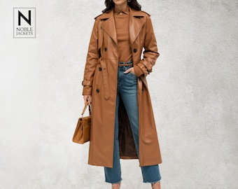 Handmade Brown Leather Trench Coat for Women | Double Breasted Belted Long Coat