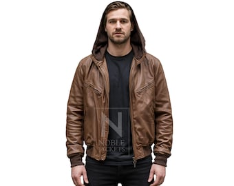 Men’s Genuine Leather Hooded Jacket – Stylish Brown Bomber for Winter
