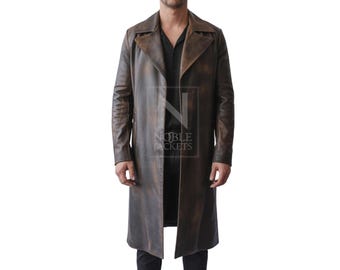 Men’s Brown Leather Trench Coat – Vintage Style Real Leather Overcoat