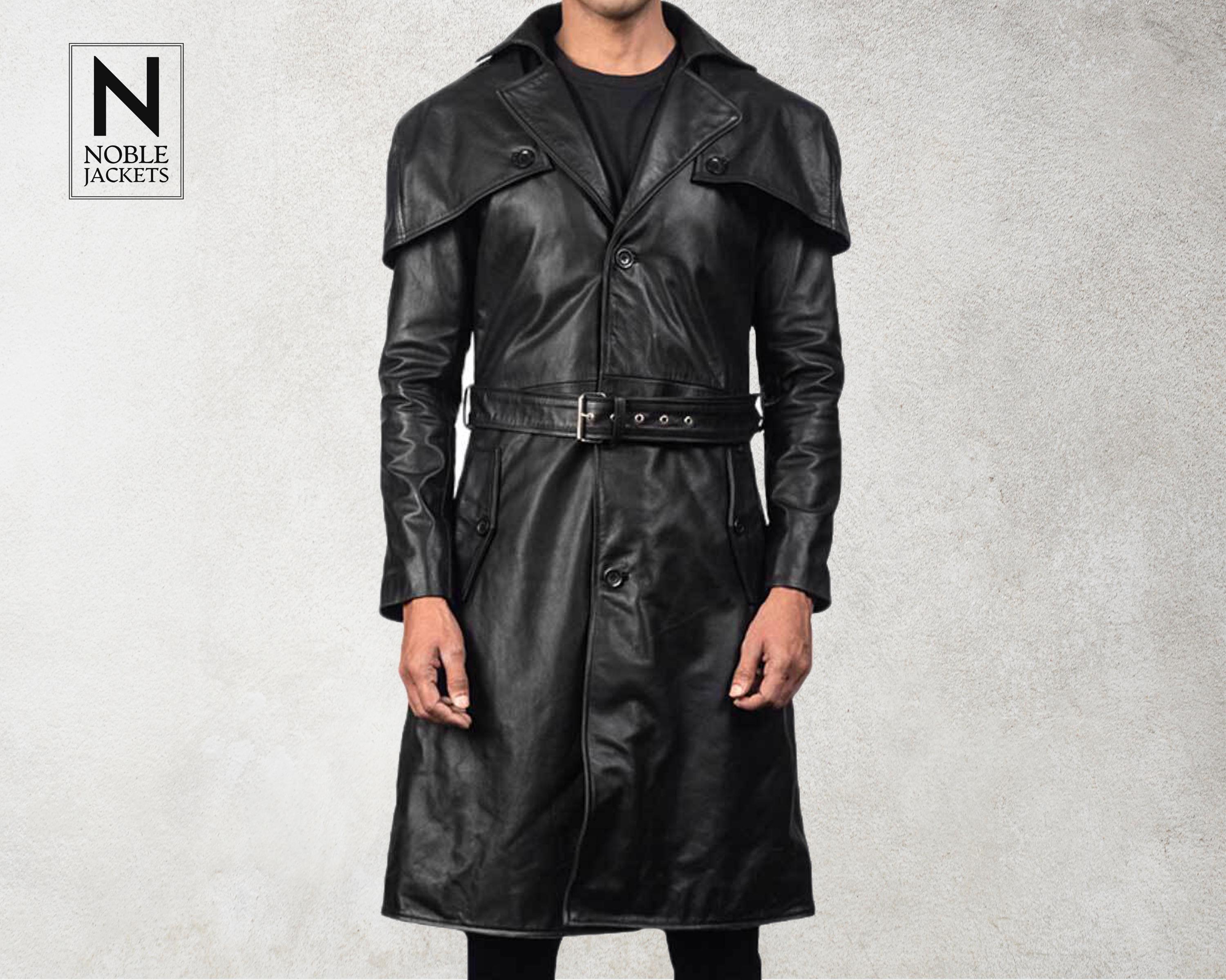 Men's Black Leather Trench Coat - Long Gothic Style Duster With