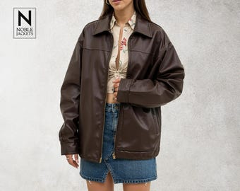 Bruin oversized echt leren damesjack – wijde bruine losse bovenkleding