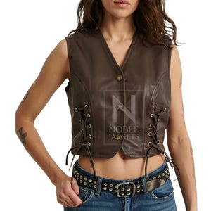 Women's Brown Real Leather Vest – Side Lace-Up Sleeveless Biker Crop Top with Buttons