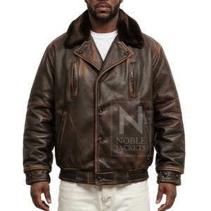 Men&#39;s Real Leather Bomber Jacket: Vintage Distressed Brown Aviator with Fur Collar