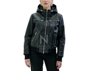 Women's Hooded Black Leather Jacket – Zip-Up Bomber Style with Multiple Pockets
