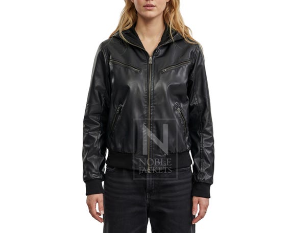 Women's Genuine Leather Black Bomber Jacket Hooded Biker