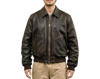 Blouson aviateur en cuir marron pour homme - Blouson aviateur en cuir - Blouson aviateur classique