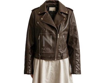 Women’s Cropped Brown Leather Biker Jacket – Real Leather Moto Style