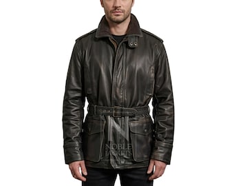 Men’s black Leather Belted Field Jacket – Vintage Outdoor Style - Brown Pea Coat