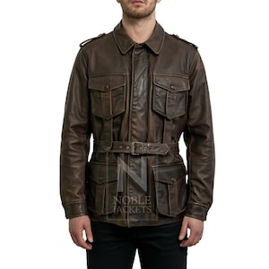 Men’s Brown Leather Field Jacket – Real Leather Safari Coat with Epaulets