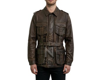 Giacca da campo in pelle marrone da uomo – Cappotto safari in vera pelle con spalline