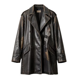 May include: A double-breasted coat in a dark, distressed finish with a weathered appearance. The coat features a wide collar, shoulder epaulets, long sleeves, and two front flap pockets. The material has a dark brown and black mottled texture.