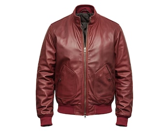 Men's Burgundy Leather Bomber Jacket - Flight Jacket - Zip Up Leather Coat