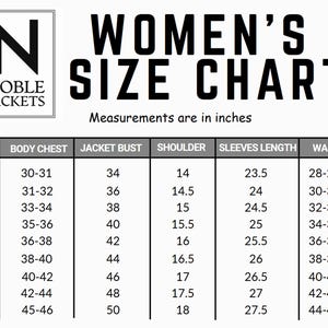 May include: A size chart for women's jackets, showing measurements in inches for body chest, jacket bust, shoulder, sleeves length, and waist. Sizes range from 2XS to 4XL.