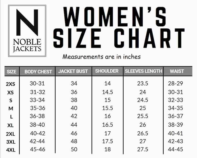 May include: A size chart for women's jackets, showing measurements in inches for body chest, jacket bust, shoulder, sleeves length, and waist. Sizes range from 2XS to 4XL.