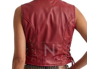 Women's Red Leather Vest – Side Lace-up Sleeveless Crop