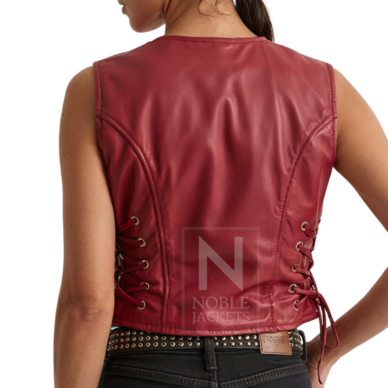 トップス S cow lace up vest Theredthread Women's Red Leather Vest – Side Lace-up Sleeveless Crop