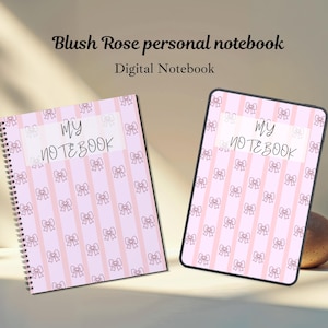 May include: Two notebooks, one spiral-bound and one digital tablet, both featuring a pink and white striped pattern with bow accents. The text "My Notebook" is displayed on a white rectangle on each. The text "Blush Rose personal notebook" and "Digital Notebook" are also visible.