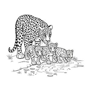 May include: A black and white line drawing of a mother leopard with three cubs. The mother leopard is standing with her front paws on the ground and her head tilted down. The cubs are standing in a line behind her, looking up at her.