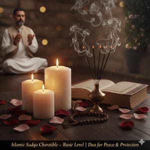 Può includere: Una scena serena con tre candele bianche accese, incenso, un libro aperto e grani di preghiera. Petali di rosa sono sparsi intorno alle candele. Il testo in basso recita: Islamic Sadqa Charitable - Basic Level | Dua for Peace & Protection.