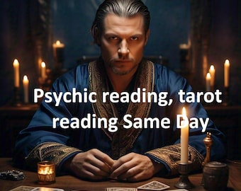 May include: A man in a blue robe sits at a table with lit candles and tarot cards spread out. The text "Psychic reading, tarot reading Same Day" is displayed on the image.