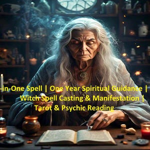 Puede incluir: Una mujer mayor con cabello blanco largo se sienta en una mesa con velas y libros. El texto en la mesa dice "All-in-One Spell | One Year Spiritual Guidance | Coven Witch Spell Casting & Manifestation | Tarot & Psychic Reading".