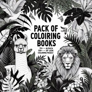 Pack of 2 Animal Coloring Books Alpaca & Lion Coloring Pages for Kids Fun Printable Activity Books Bundle for Toddlers and Children