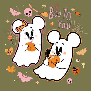 May include: Halloween-themed illustration featuring two cartoon ghosts resembling Mickey and Minnie Mouse. One ghost holds a pumpkin, the other a pumpkin basket. The phrase "Boo To You" is written above them, surrounded by bats, pumpkins, and candy.