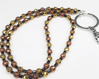 Black, Gold and Bronze Beaded Lanyard, Shiny Bead Lanayard, Sleek Beaded Lanyard