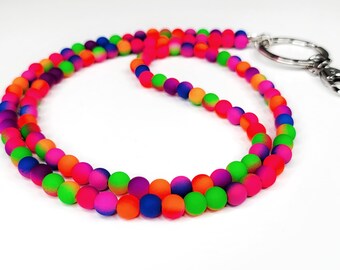 Neon Lanyard, Rainbow Lanyard, Neon Beaded Lanyard, Multicolor Necklace, Neon Jewelry, Flourescent, Art Teacher Lanyard, Colorful Lanyard