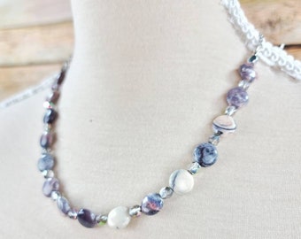Gray Bead Necklace, Gray Necklace, Gray Jewelry, Neutral Bead Necklace, Jasper Bead Necklace, Natural Gemstone Necklace, Coin Bead Necklace