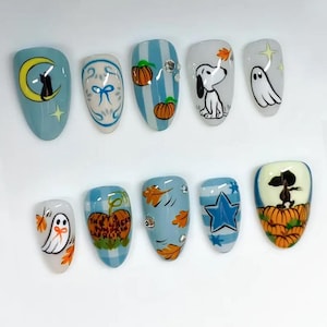 Snoopy Halloween Press On Nails, Handmade Fall Nail Art with Pumpkins, Ghosts, Cute Snoopy Halloween Nails, Reusable Fake Nails for Autumn