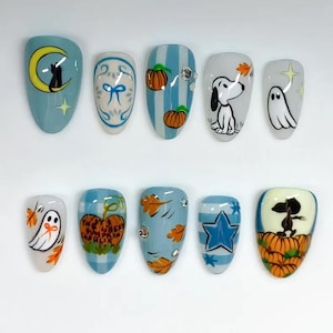 Snoopy Halloween Press On Nails, Handmade Fall Nail Art with Pumpkins, Ghosts, Cute Snoopy Halloween Nails, Reusable Fake Nails for Autumn