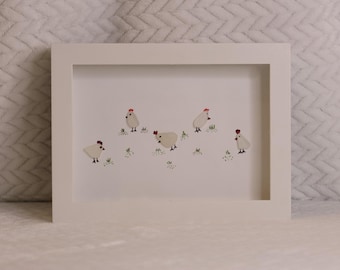 Arte de gallinas con vidrio marino – Decoración enmarcada de estilo rústico costero (5x7)